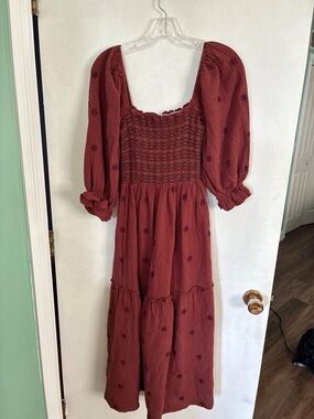 H&M Rust Red Smocked Midi Skirt Dress with Puff Sleeves